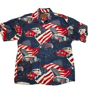 North River Mens Large Hot Rod Car American Flag Button Down Shirt Cotton Navy‎
